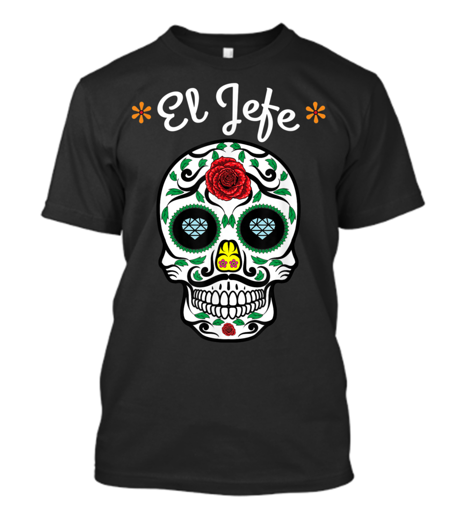 El Jefe Dia De Los Muertos Sugar Skull Art Featuring Floral And Rose Accents T-Shirt