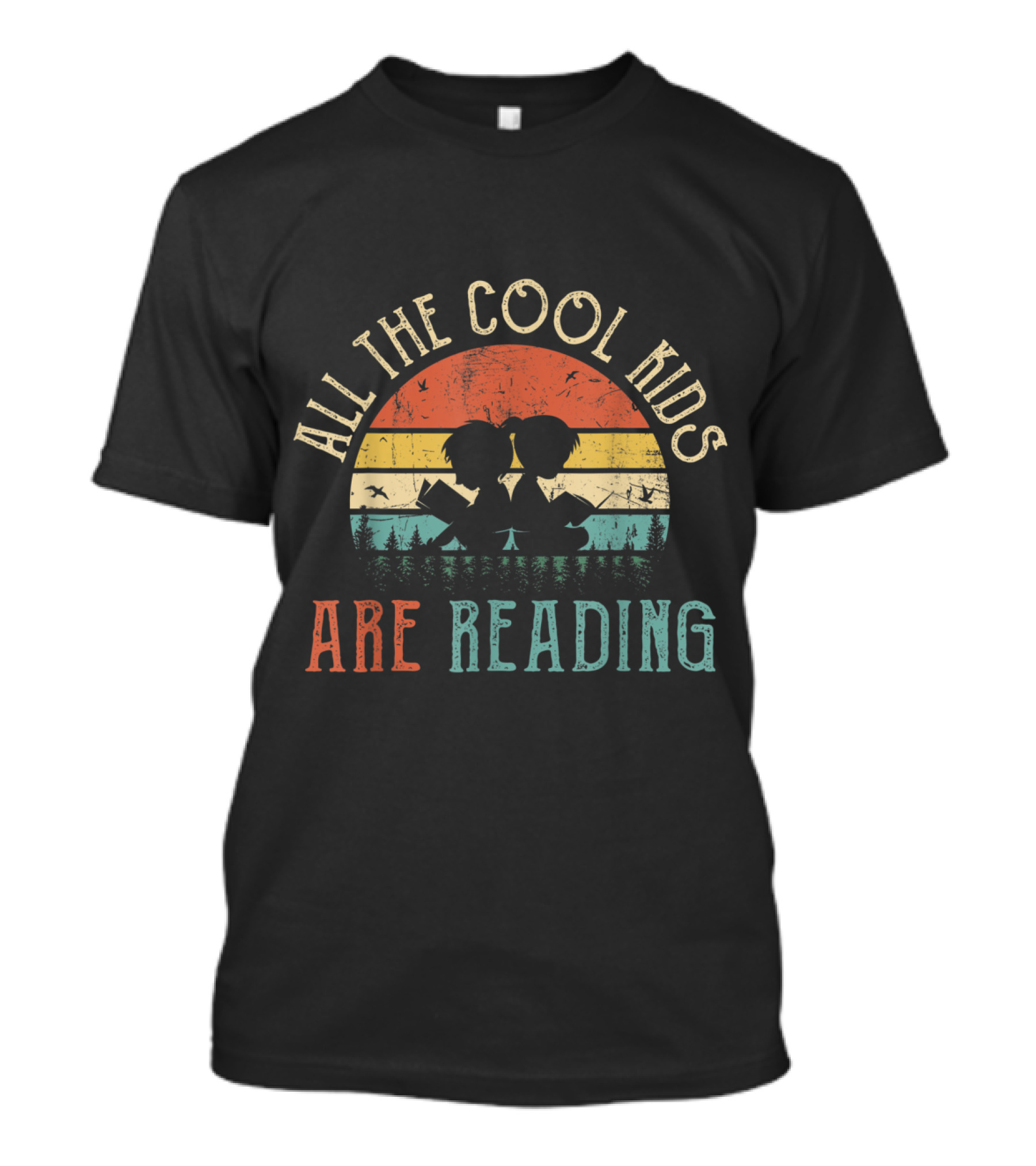 All The Cool Kids Are Reading Vintage Retro Sunset With Silhouette Forest And Children Holding Books T-Shirt