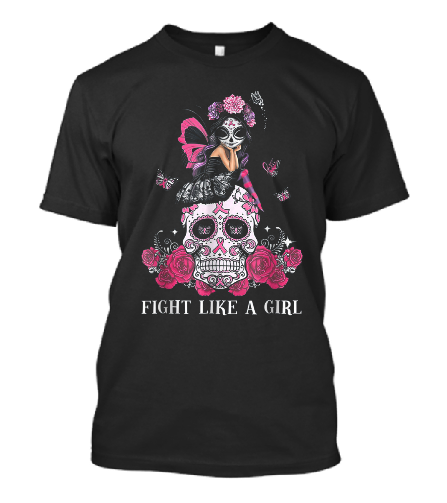 Fight Like A Girl Sugar Skull Butterfly Roses T-Shirt