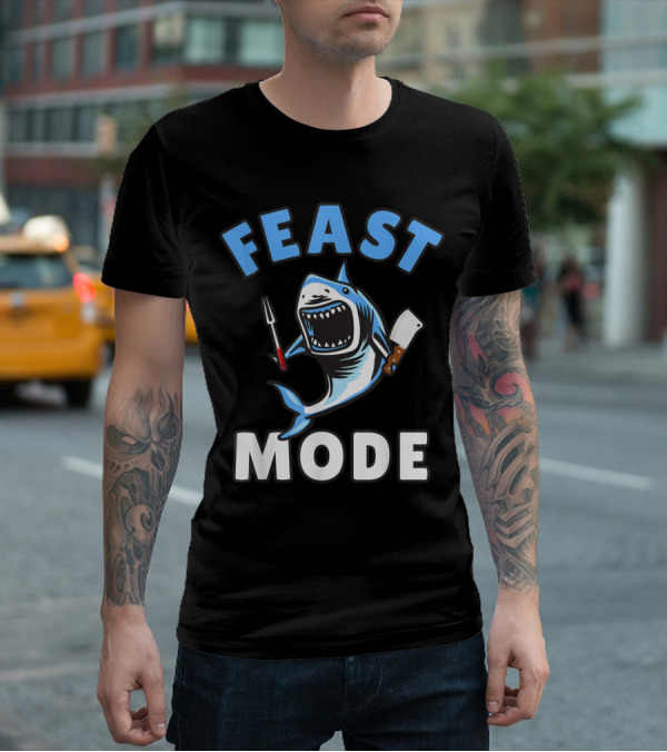 Feast Mode Great White Shark Cartoon Thanksgiving Kids T-Shirt