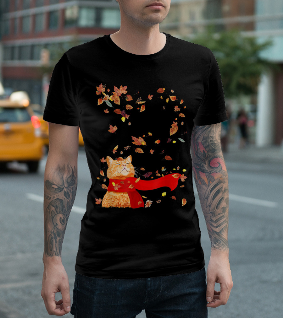 Hello Autumn Maple Leaf Fall Funny Cat Kitten Lover T-Shirt