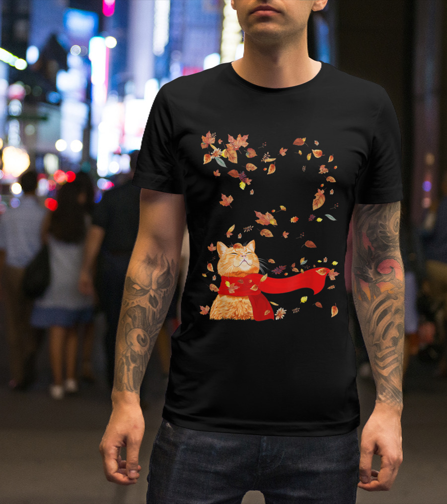 Hello Autumn Maple Leaf Fall Funny Cat Kitten Lover T-Shirt