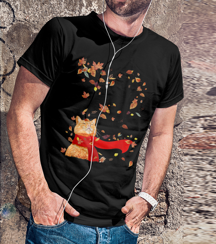 Hello Autumn Maple Leaf Fall Funny Cat Kitten Lover T-Shirt