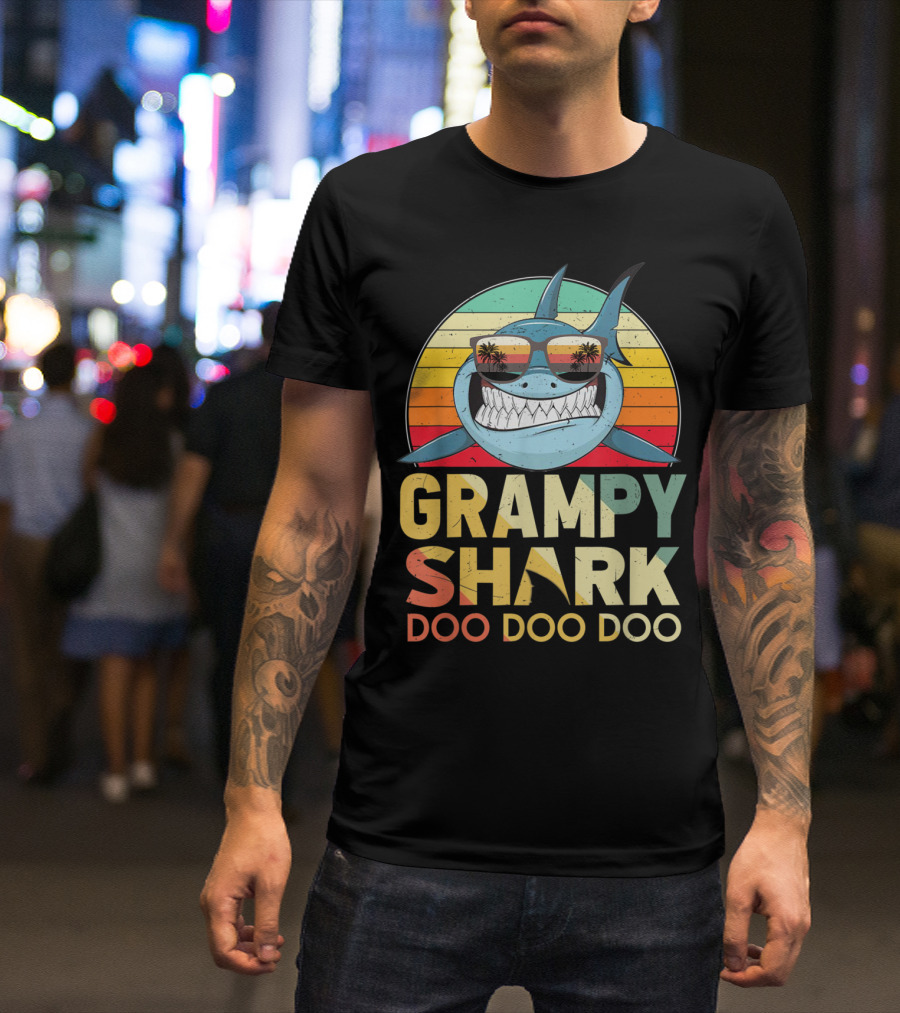 Grampy Shark Doo Doo Doo Retro Vintage Palm Trees Sunglasses T-Shirt