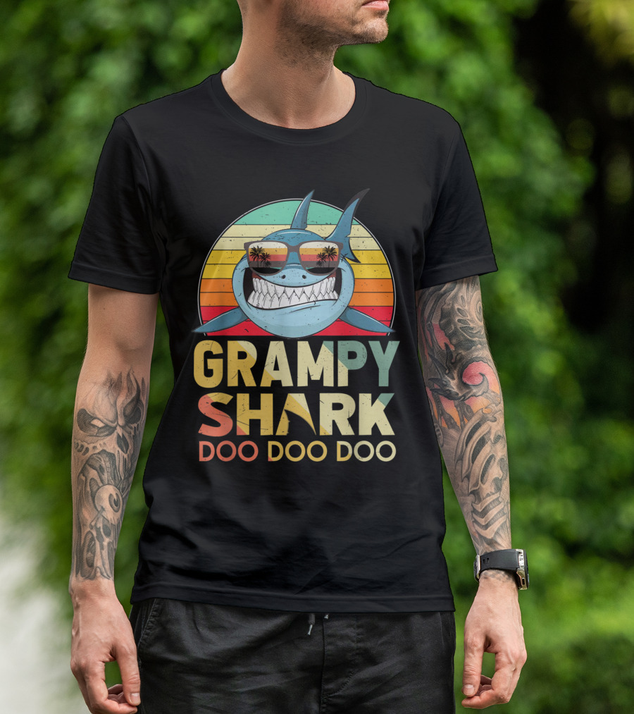 Grampy Shark Doo Doo Doo Retro Vintage Palm Trees Sunglasses T-Shirt