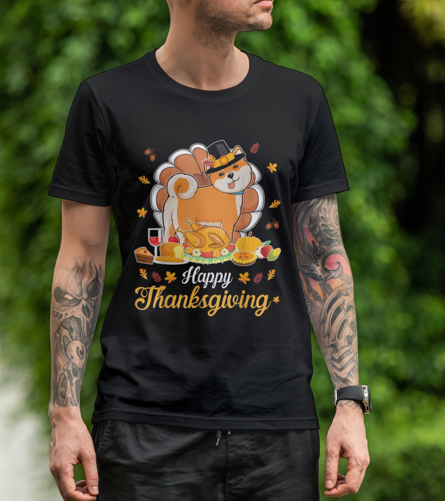 Happy Thanksgiving Shiba Inu Dog With Turkey Dish And Wine T-Shirt