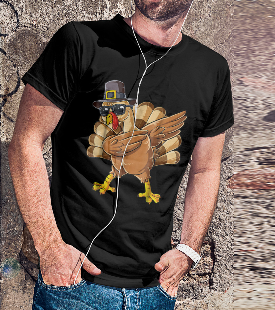 Thanksgiving Dabbing Turkey Pilgrim Hat Sunglasses Boys Day T-Shirt
