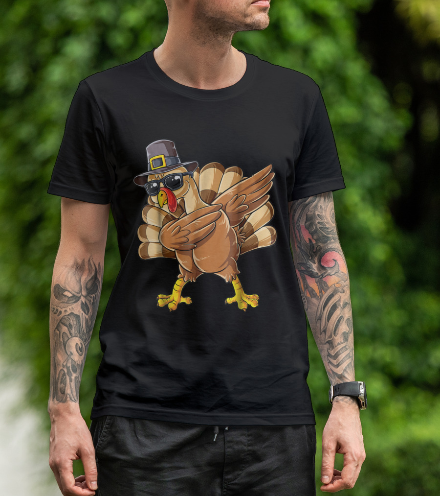 Thanksgiving Dabbing Turkey Pilgrim Hat Sunglasses Boys Day T-Shirt