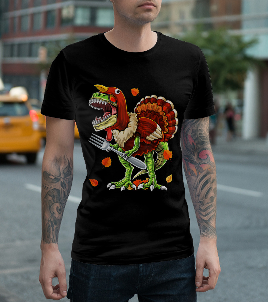 Thanksgiving Rex Dinosaur Turkey with Fork and Autumn Leaves T-Shirt