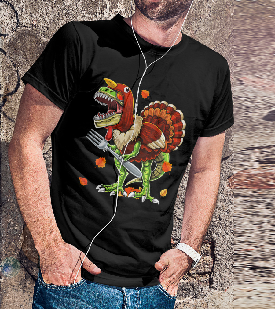 Thanksgiving Rex Dinosaur Turkey With Fork And Autumn Leaves T-Shirt