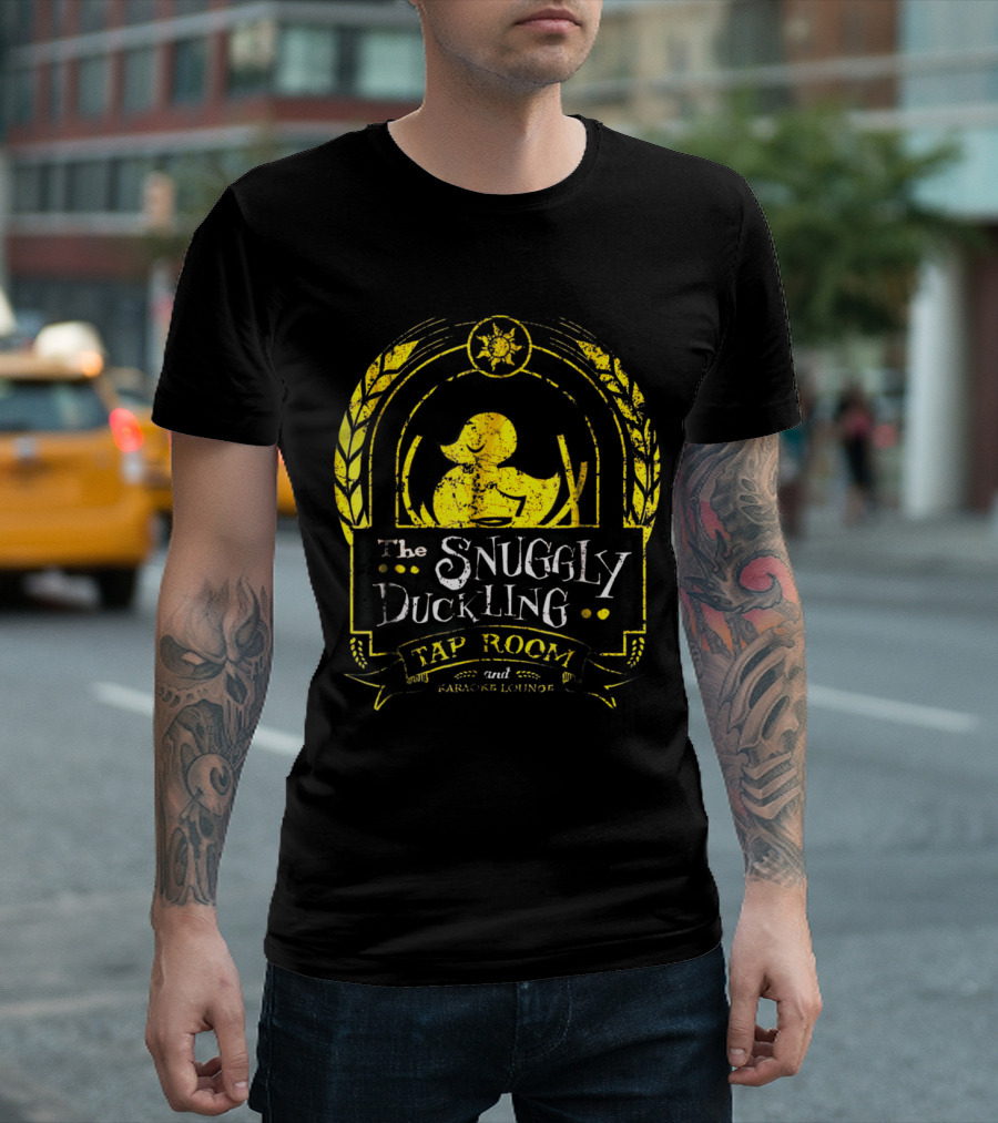 Snuggly Duckling Tap Room and Parlor Lounge with Yellow Duck and Sunburst Motif T-Shirt