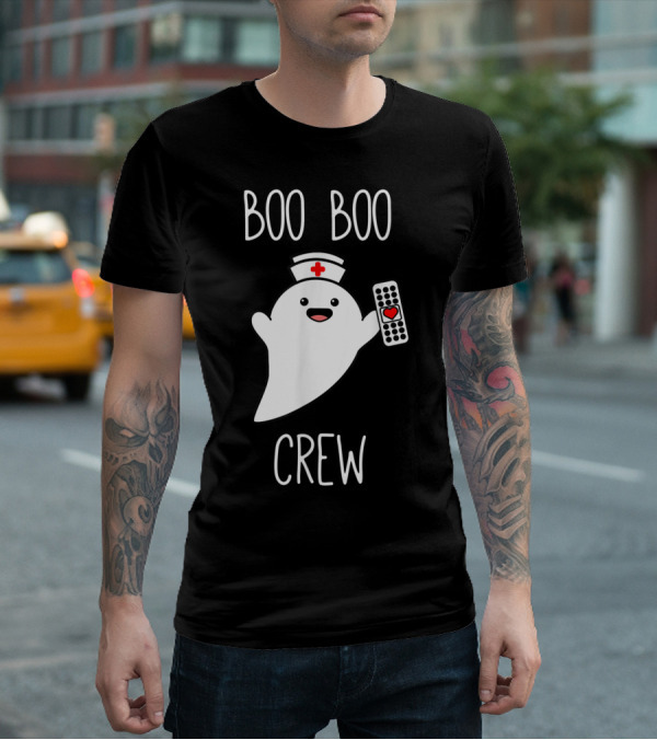 Boo Boo Crew Halloween Nurse Ghost With Nurse Cap And Heart Bandage T-Shirt