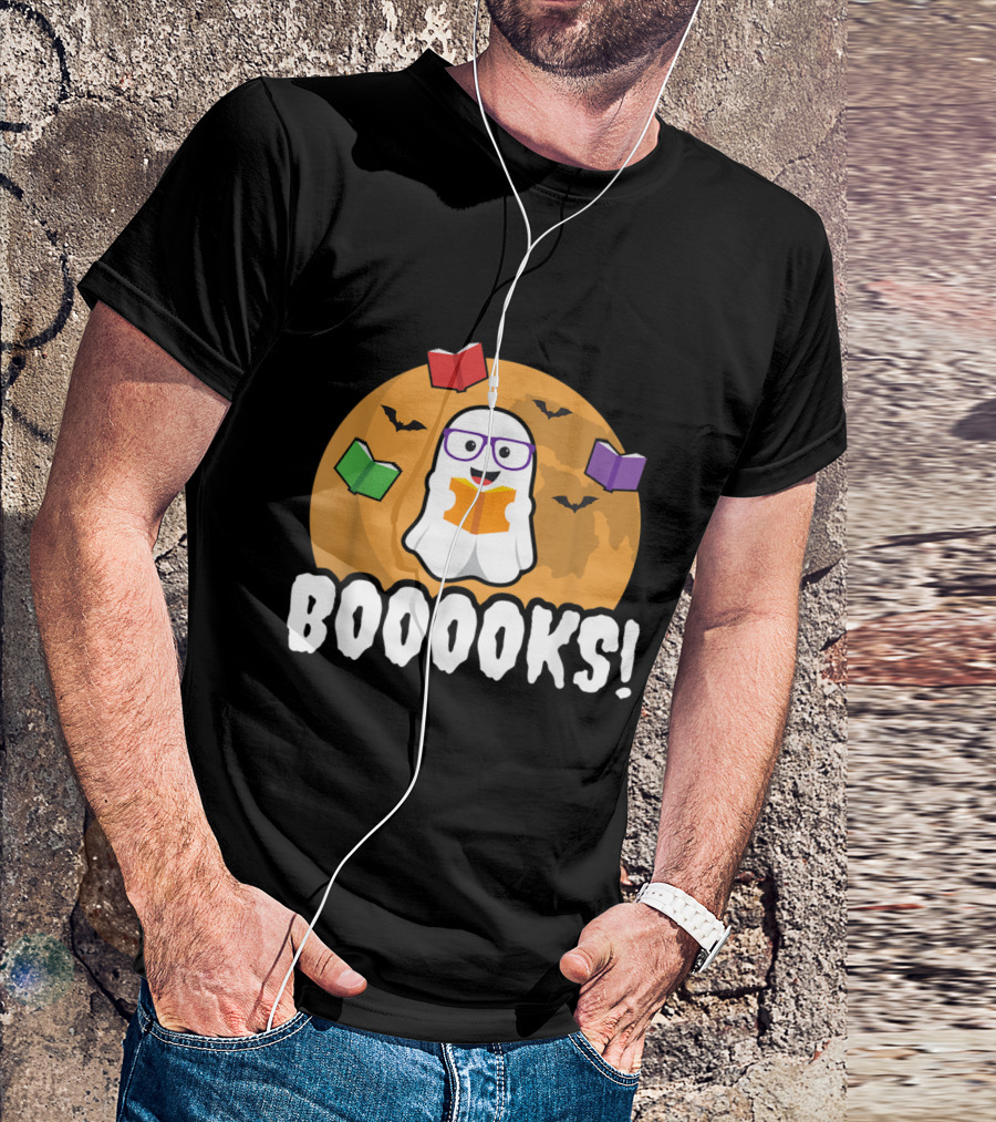 Booooks Ghost Boo Read Books Library Halloween Theme With Flying Bats And Moon T-Shirt