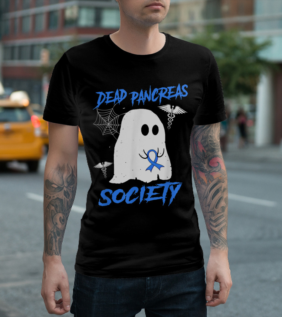 Dead Pancreas Society Diabetes Awareness Halloween Ghost with Blue Ribbon and Caduceus T-Shirt