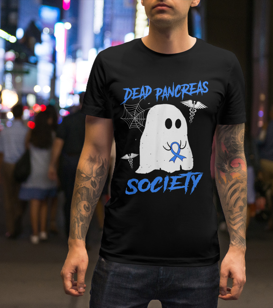 Dead Pancreas Society Diabetes Awareness Halloween Ghost With Blue Ribbon And Caduceus T-Shirt
