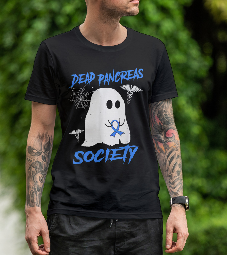 Dead Pancreas Society Diabetes Awareness Halloween Ghost With Blue Ribbon And Caduceus T-Shirt