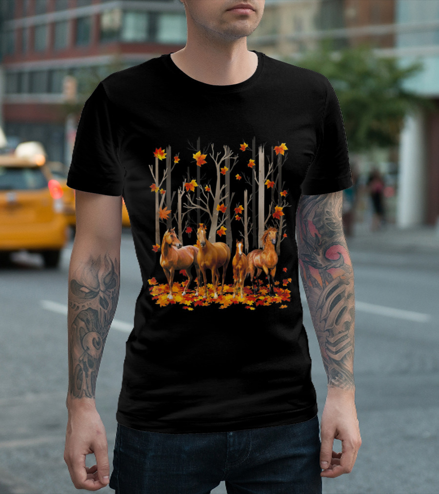 Maple Leaf Fall Hello Autumn Funny Horse Lover T-Shirt