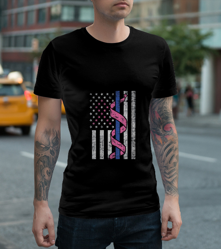 Blue Line American Flag Pink Ribbon Breast Cancer Awareness T-Shirt