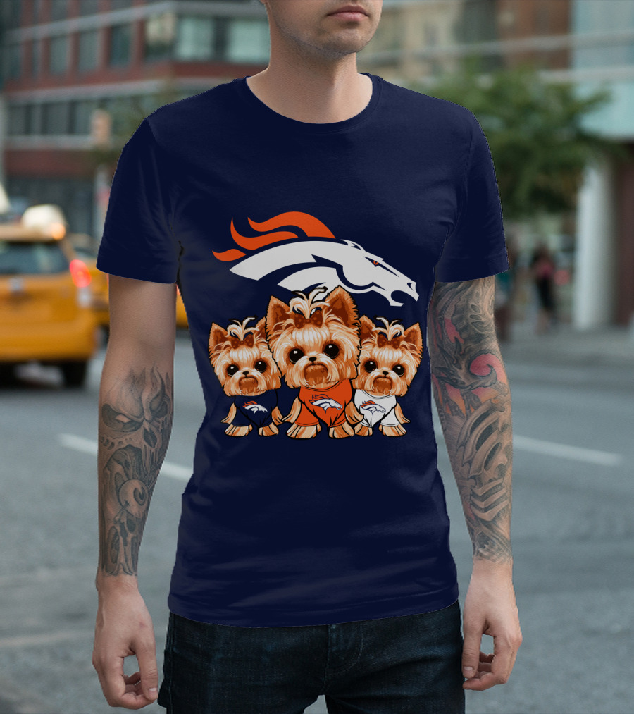 Denver Broncos Yorkies with Team Logo and Three Adorable Dogs in Jerseys T-Shirt
