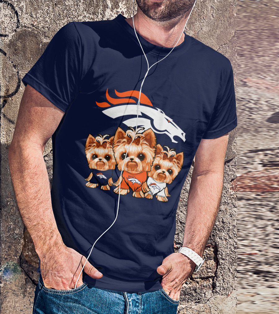 Denver Broncos Yorkies With Team Logo And Three Adorable Dogs In Jerseys T-Shirt