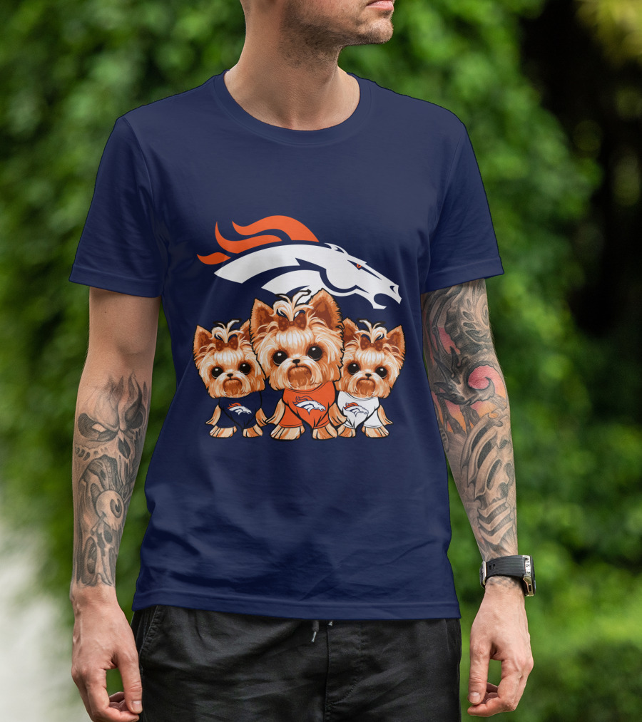 Denver Broncos Yorkies With Team Logo And Three Adorable Dogs In Jerseys T-Shirt