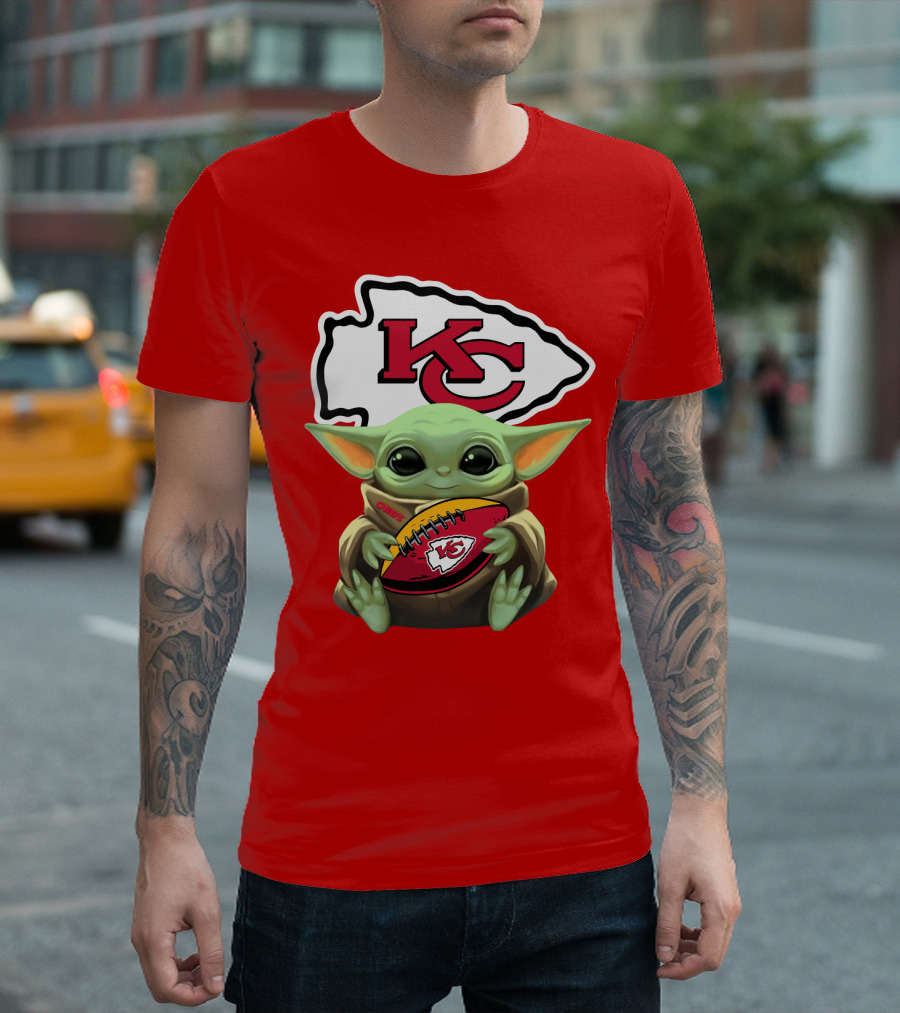 Baby Yoda Holds Kansas City Chiefs Football T-Shirt