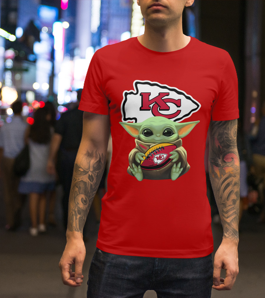 Baby Yoda Holds Kansas City Chiefs Football T-Shirt