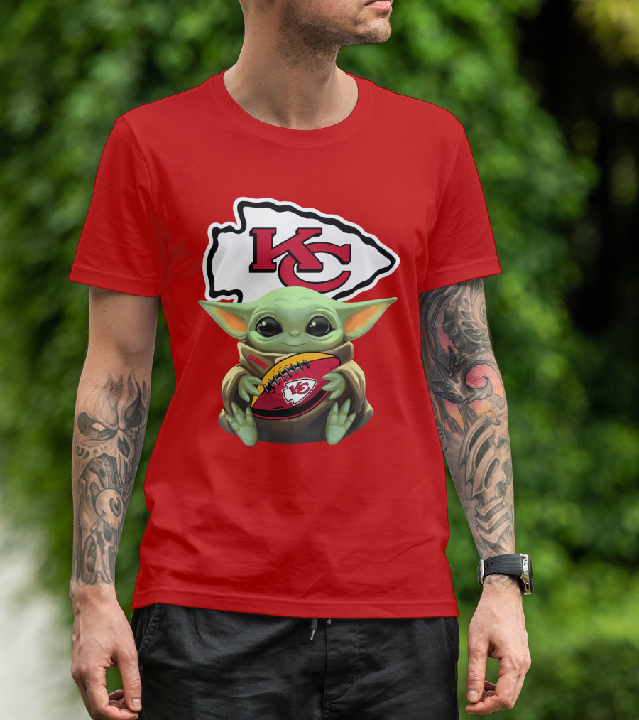 Baby Yoda Holds Kansas City Chiefs Football T-Shirt