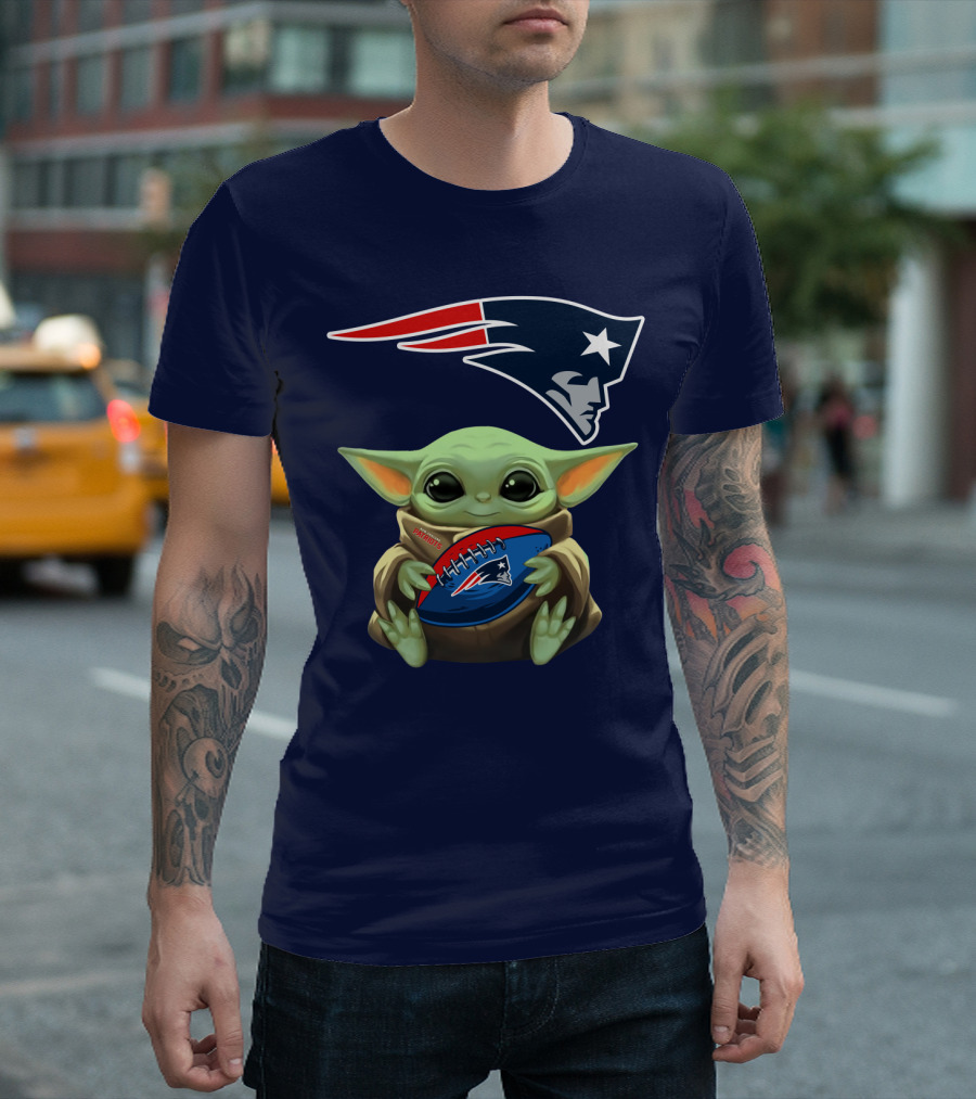 Baby Yoda Holding New England Patriots Football Under Patriots T-Shirt