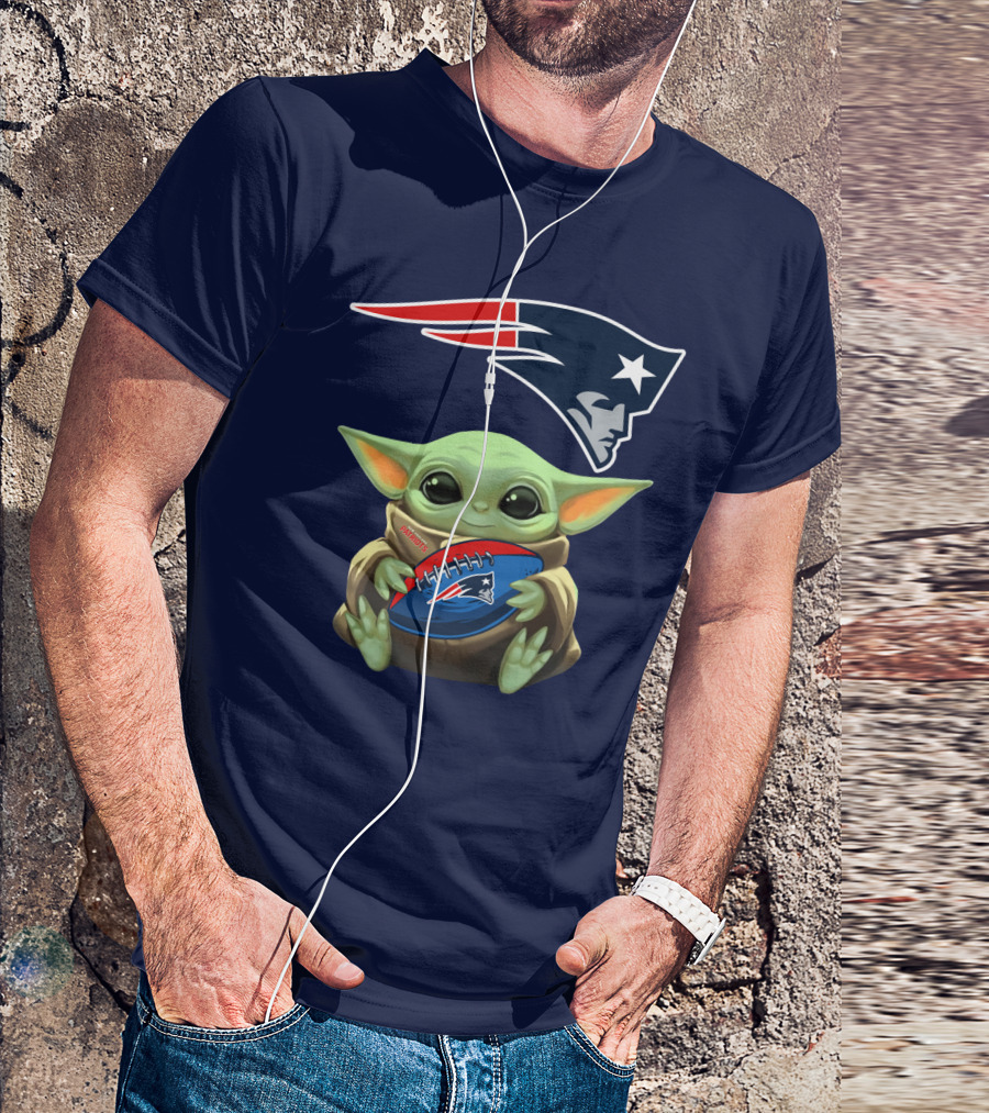Baby Yoda Holding New England Patriots Football Under Patriots T-Shirt