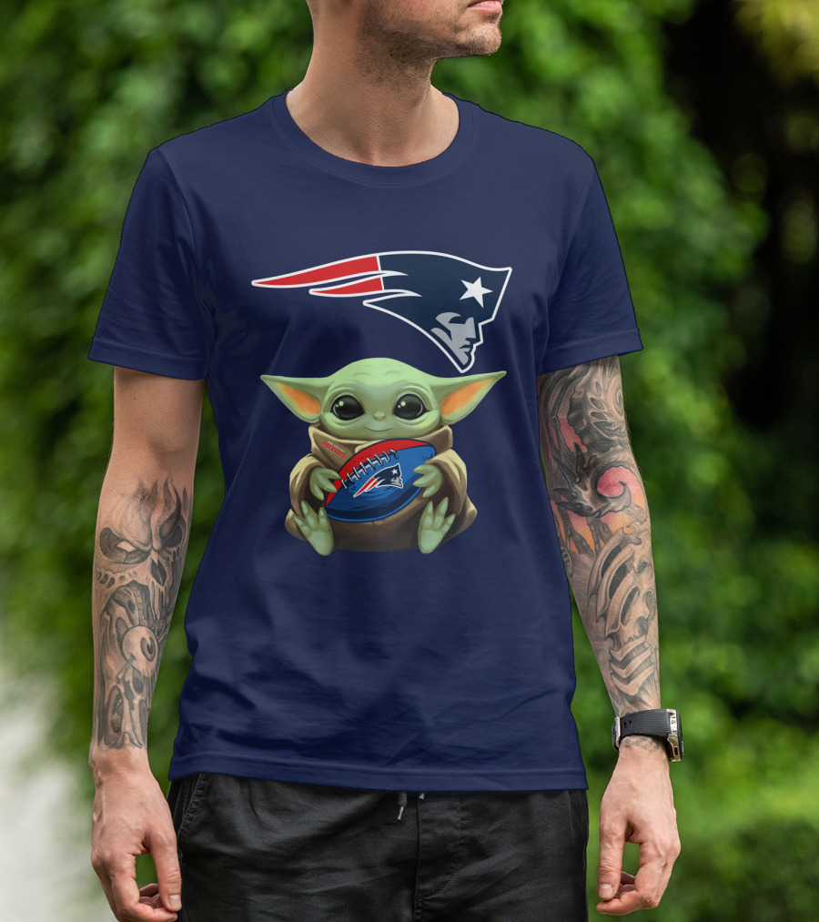 Baby Yoda Holding New England Patriots Football Under Patriots T-Shirt