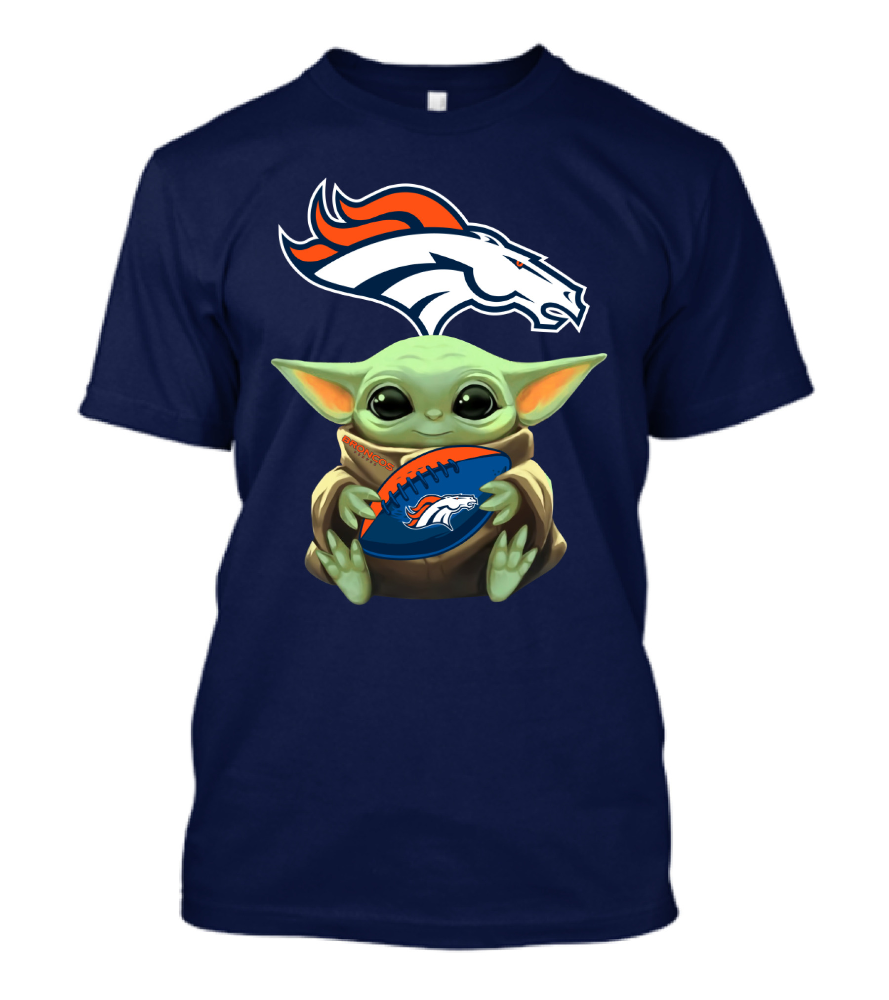 Baby Yoda Holding Denver Broncos Football With Team T-Shirt