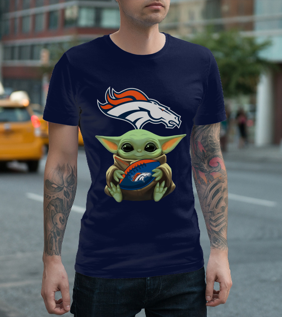 Baby Yoda Holding Denver Broncos Football With Team T-Shirt