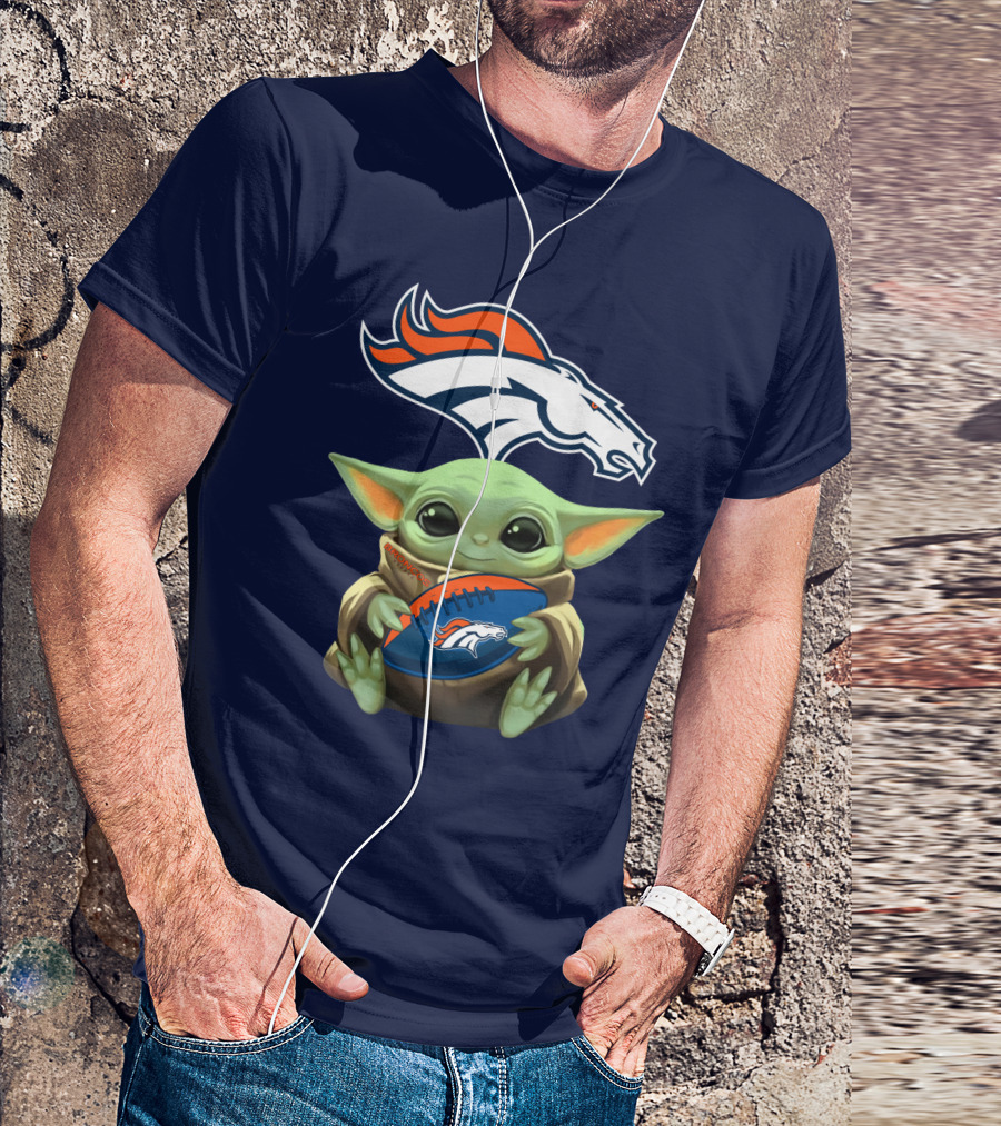 Baby Yoda Holding Denver Broncos Football With Team T-Shirt