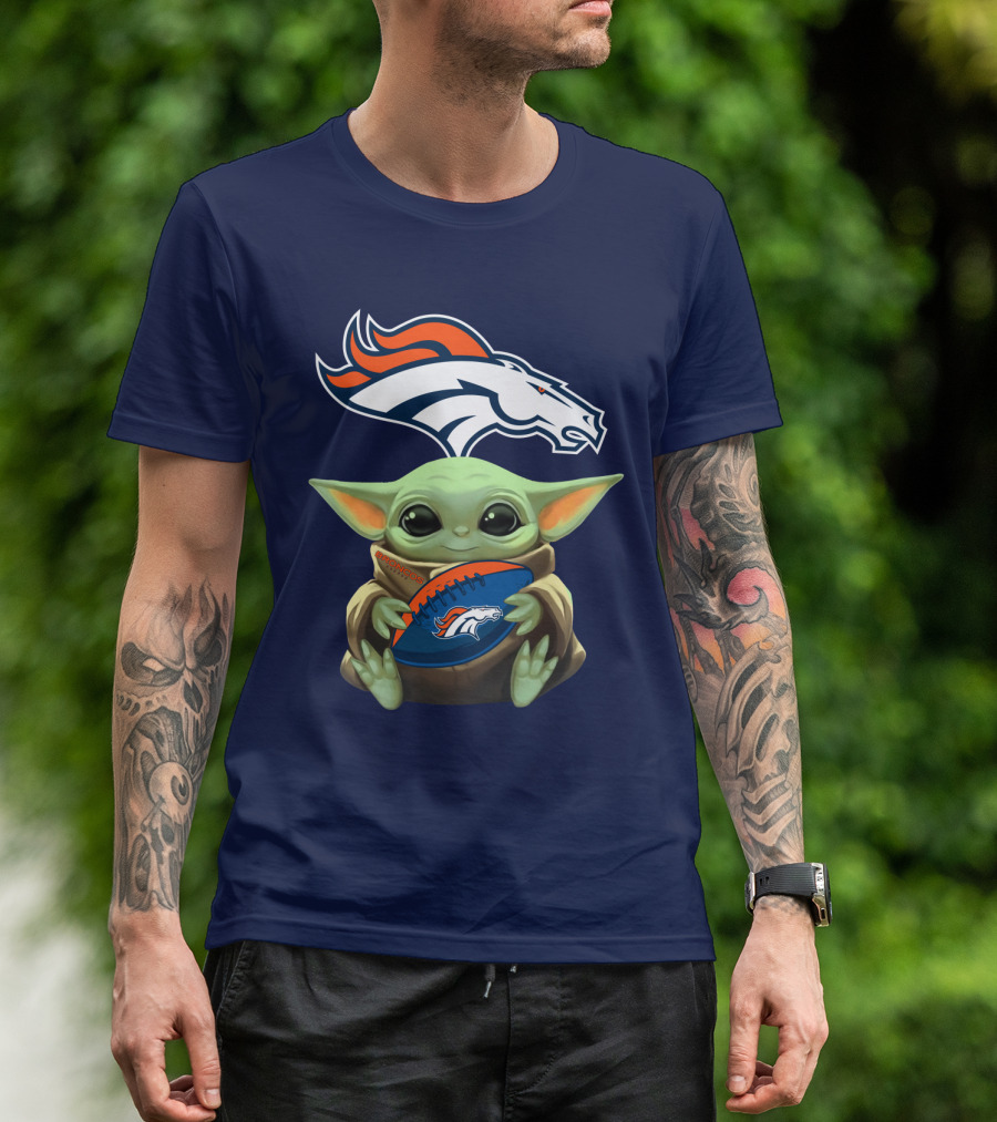Baby Yoda Holding Denver Broncos Football With Team T-Shirt