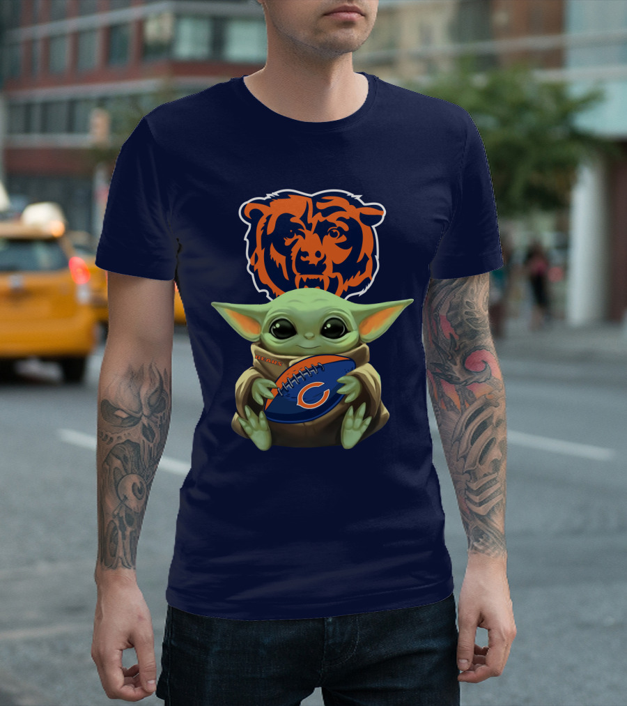 Baby Yoda Holding Chicago Bears Football with Team T-Shirt