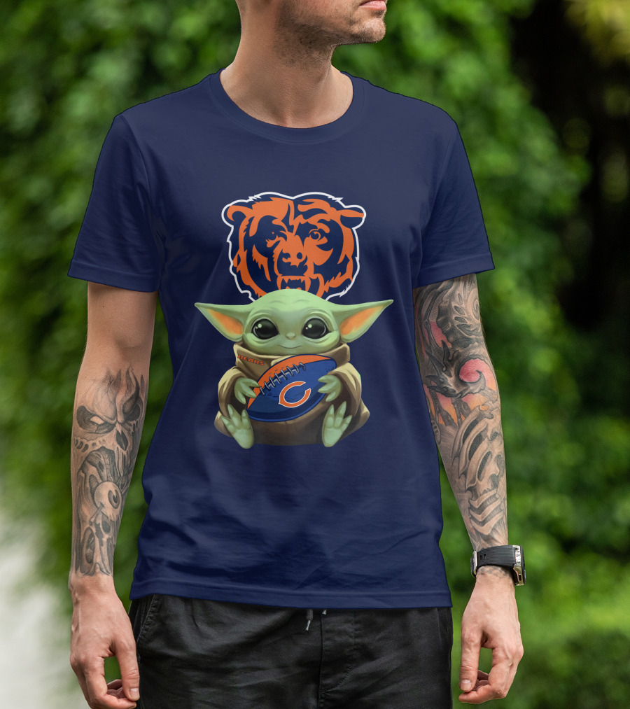 Baby Yoda Holding Chicago Bears Football With Team T-Shirt
