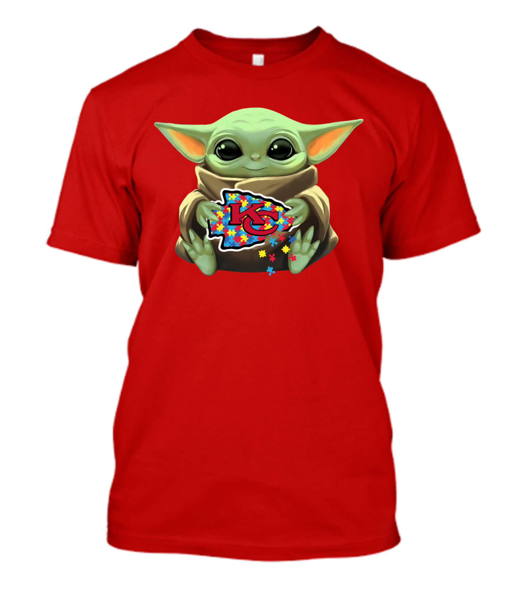 Baby Yoda Holding Kansas City Chiefs Autism Puzzle T-Shirt