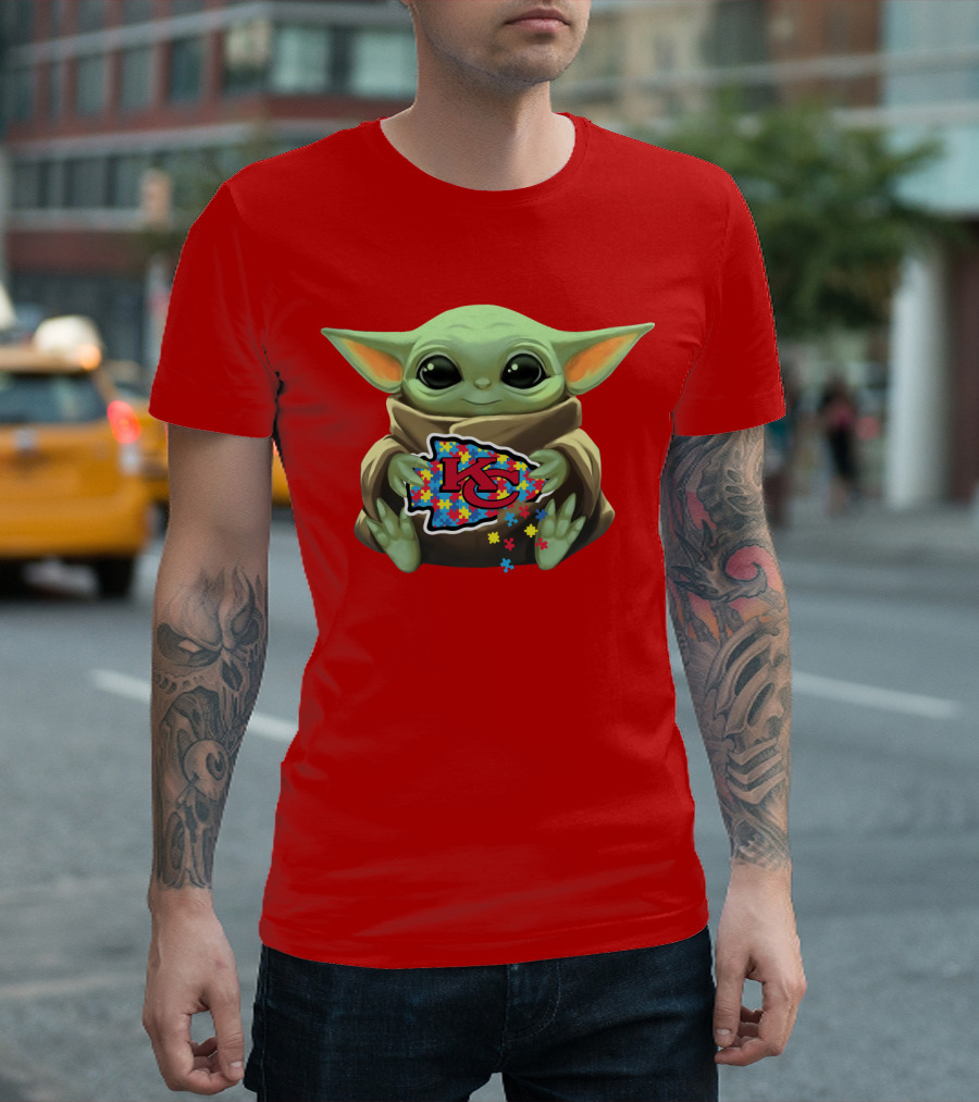 Baby Yoda Holding Kansas City Chiefs Autism Puzzle T-Shirt
