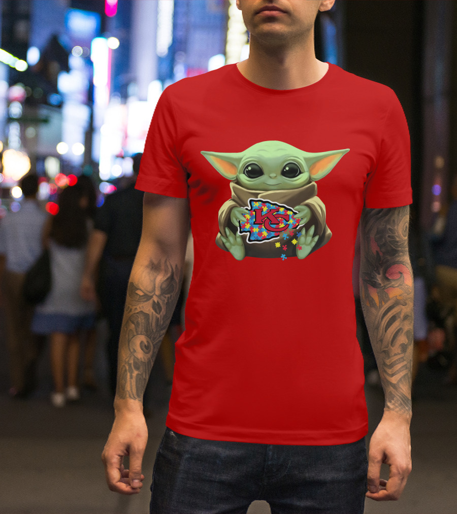 Baby Yoda Holding Kansas City Chiefs Autism Puzzle T-Shirt