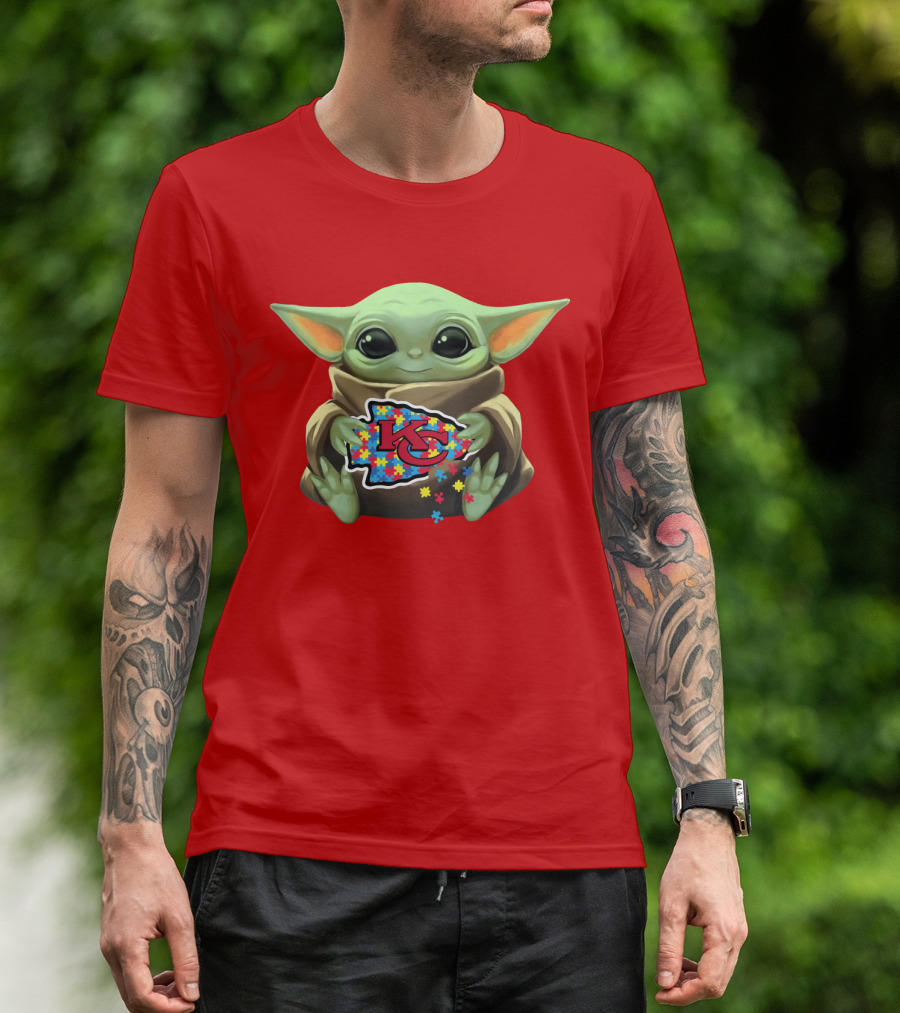 Baby Yoda Holding Kansas City Chiefs Autism Puzzle T-Shirt