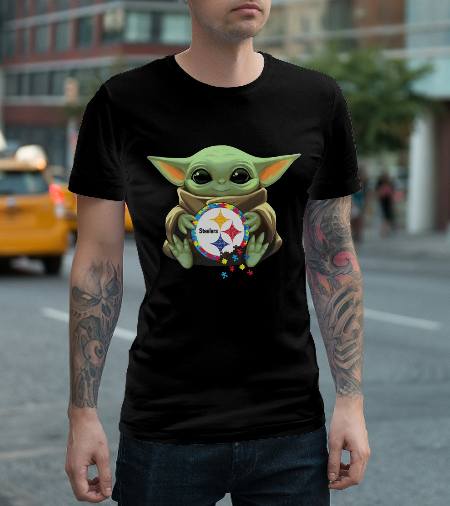 Baby Yoda Holding Steelers Autism Puzzle T-Shirt