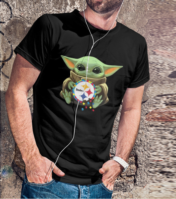 Baby Yoda Holding Steelers Autism Puzzle T-Shirt