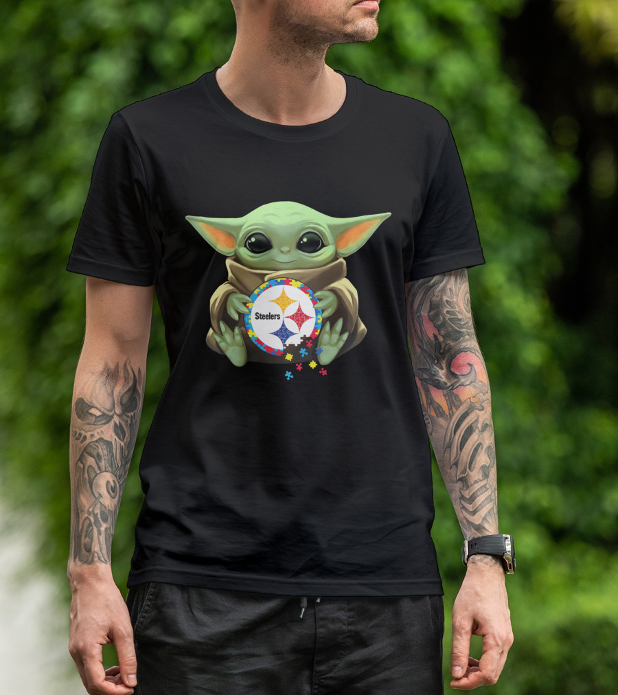Baby Yoda Holding Steelers Autism Puzzle T-Shirt