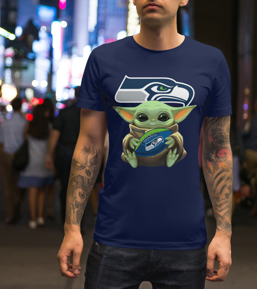 Baby Yoda Holding Seattle Seahawks Football Nfl T-Shirt