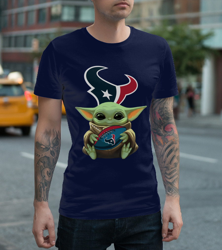 Baby Yoda Holding Houston Texans Football T-Shirt