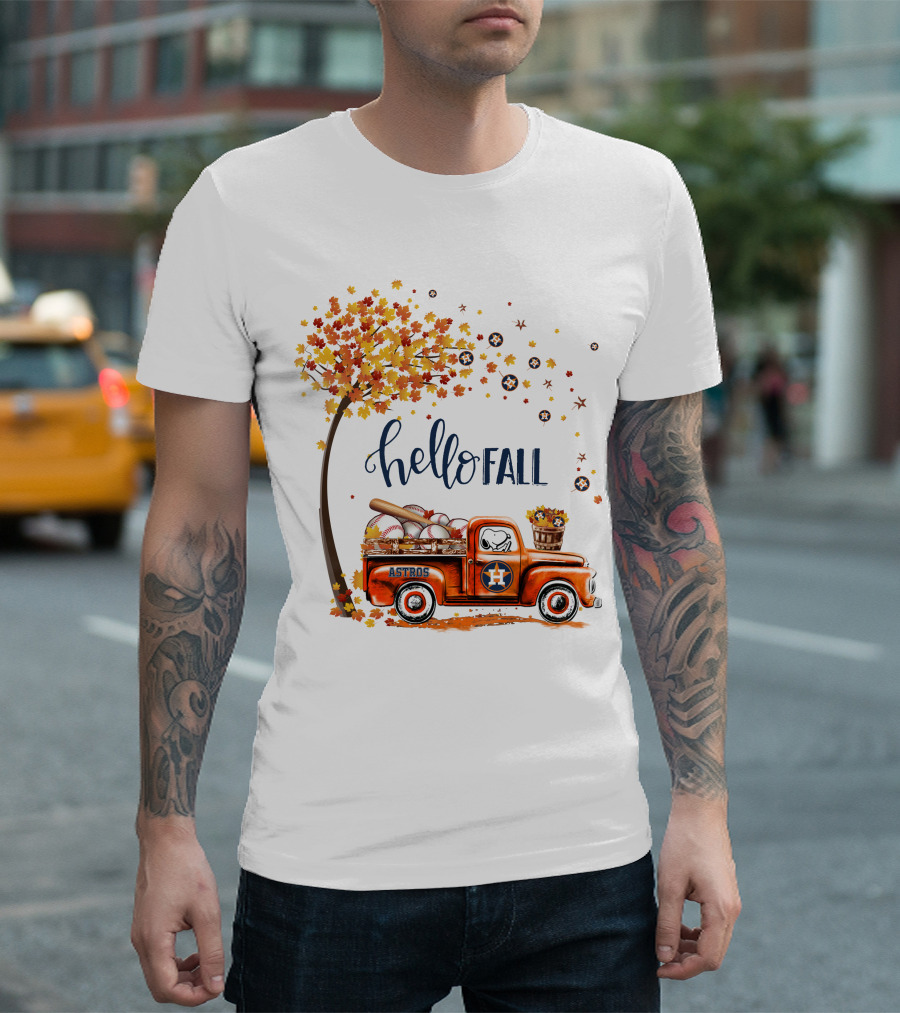 Hello Fall Astros Truck With Baseballs And Autumn Leaves T-Shirt