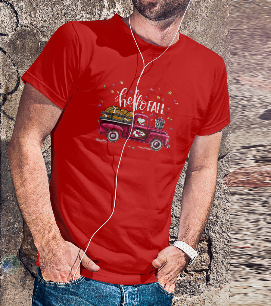 Hello Fall Kansas City Chiefs Truck With Autumn Leaves T-Shirt