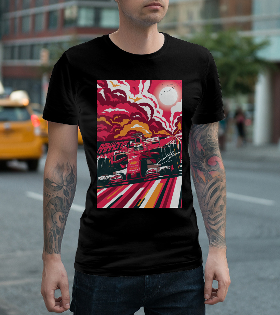 Raikkonen Formula 1 Racing Ferrari F1 Car Sunset Scene T-Shirt
