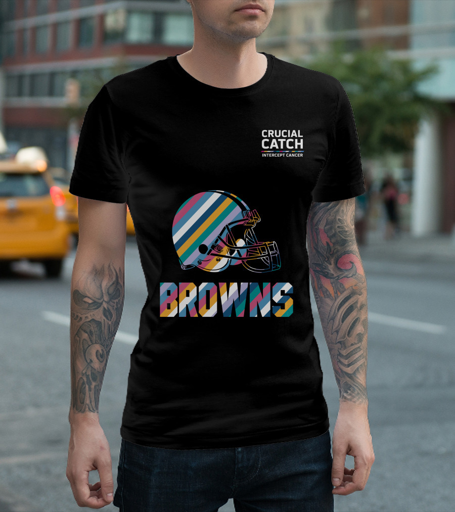 Browns Crucial Catch Intercept Cancer Helmet Stripes T-Shirt
